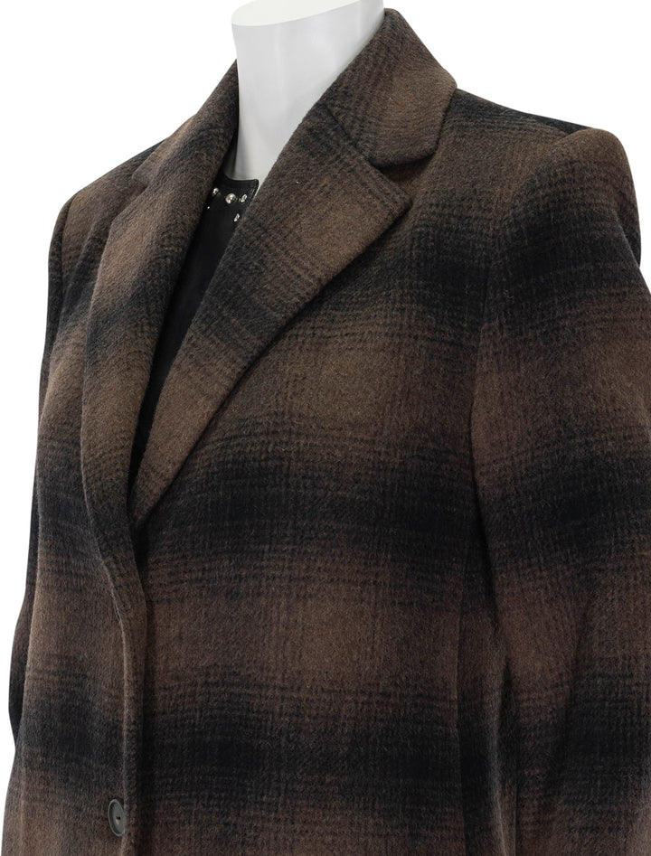 Close-up view of Vince's shadow plaid car coat in deep walnut.