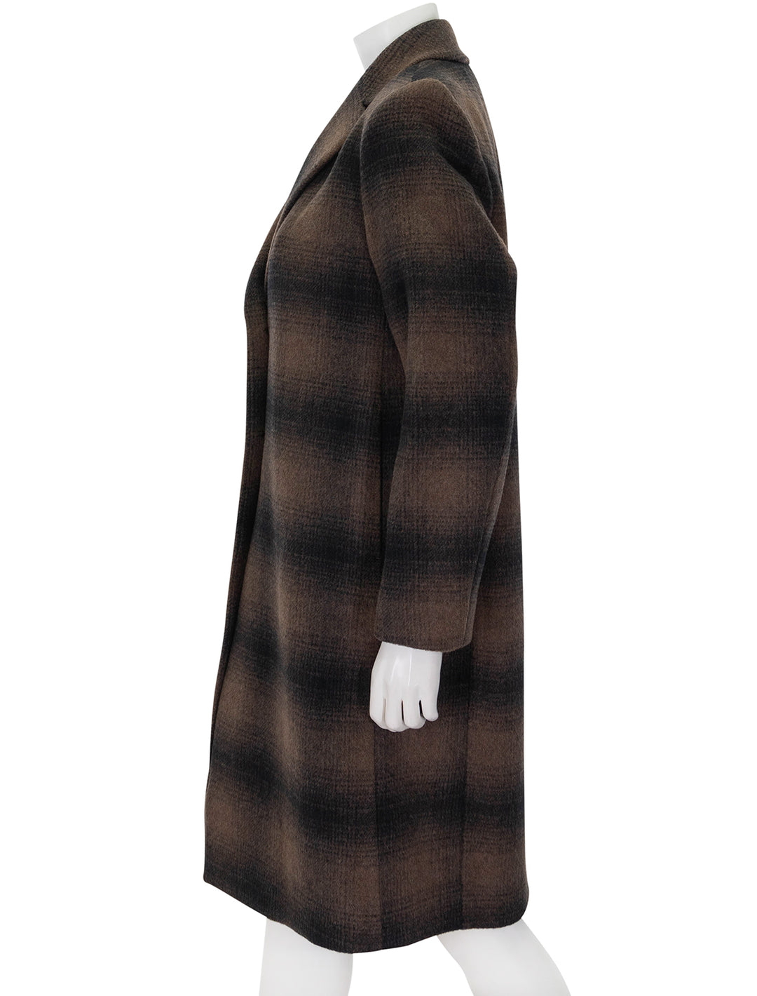 Side view of Vince's shadow plaid car coat in deep walnut.