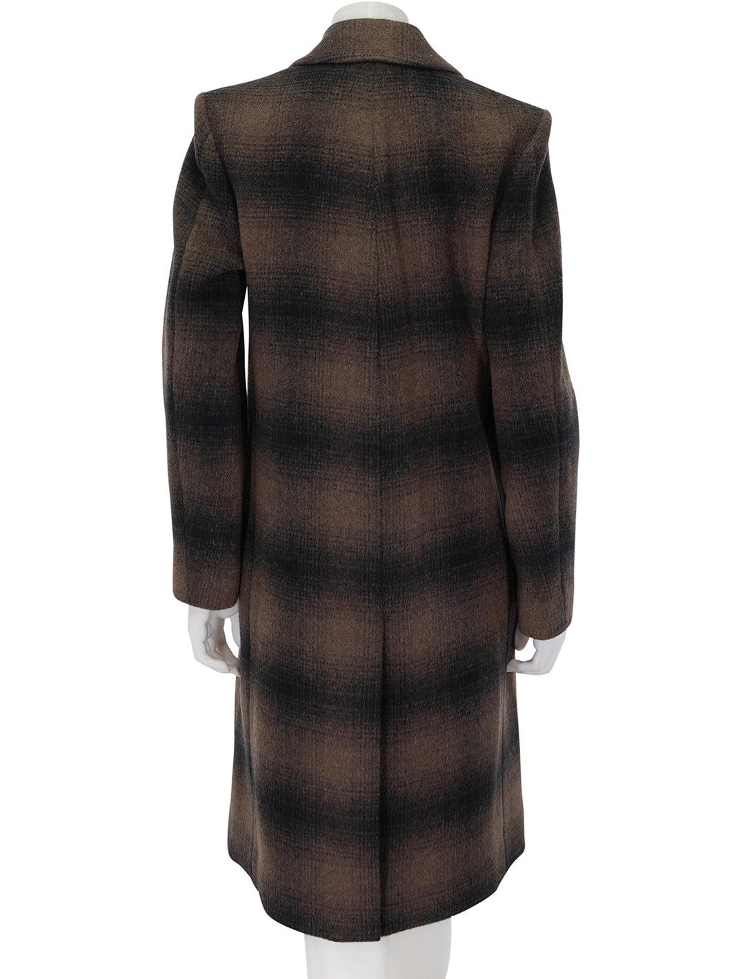 Back view of Vince's shadow plaid car coat in deep walnut.