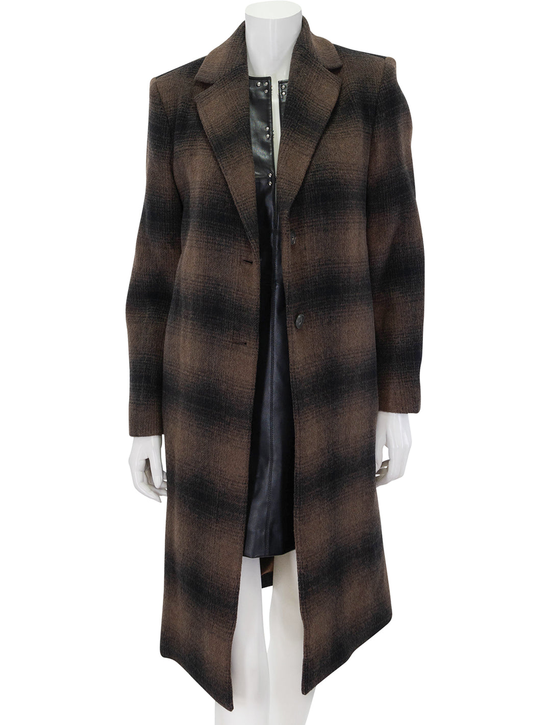 Front view of Vince's shadow plaid car coat in deep walnut, unbuttoned.