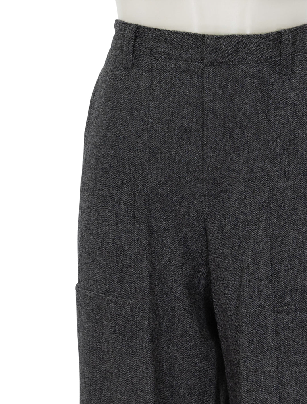 Close-up view of Vince's mid rise brushed herringbone flannel utility pant.