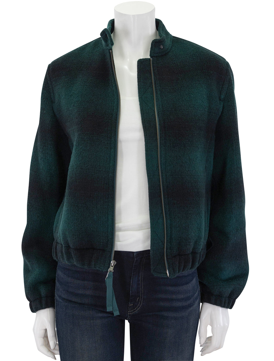 Front view of Vince's shadow plaid bomber in juniper, unzipped.