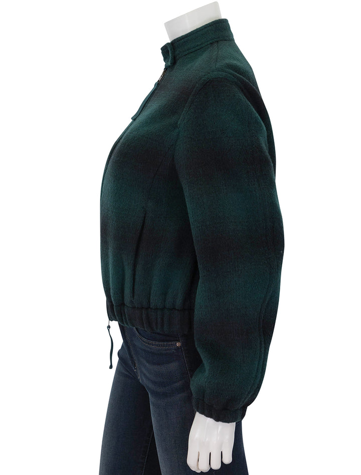 Side view of Vince's shadow plaid bomber in juniper.