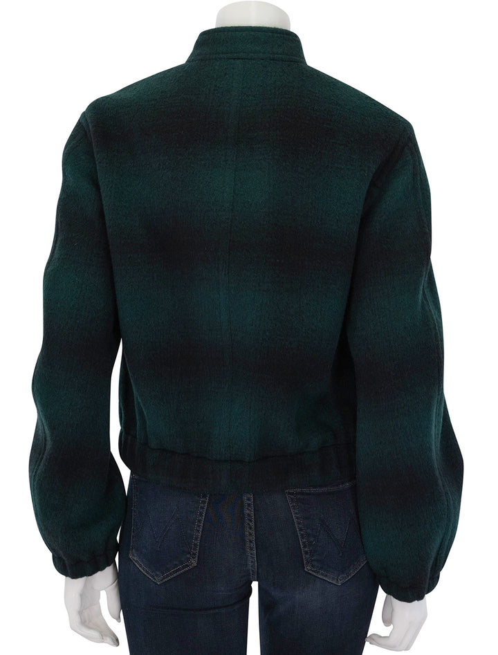 Back view of Vince's shadow plaid bomber in juniper.