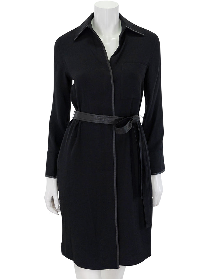 Front view of Vince's leather trim shirt dress in black.