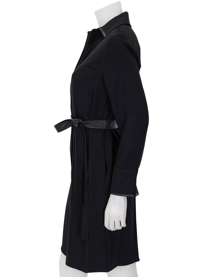 Side view of Vince's leather trim shirt dress in black.