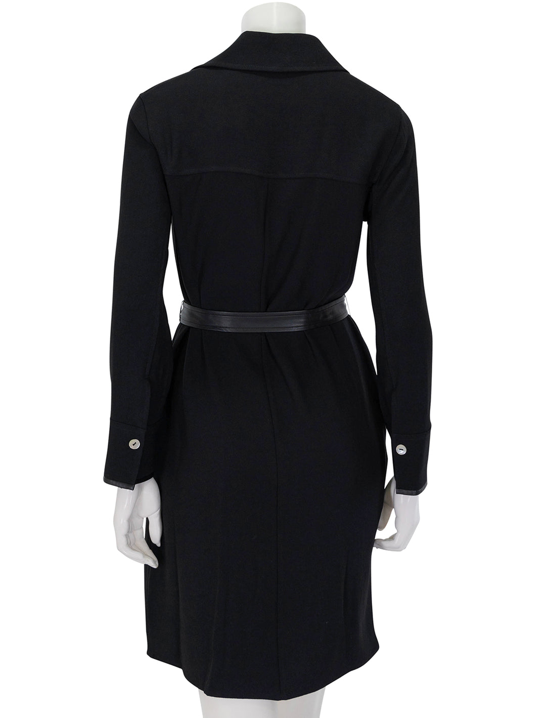 Back view of Vince's leather trim shirt dress in black.