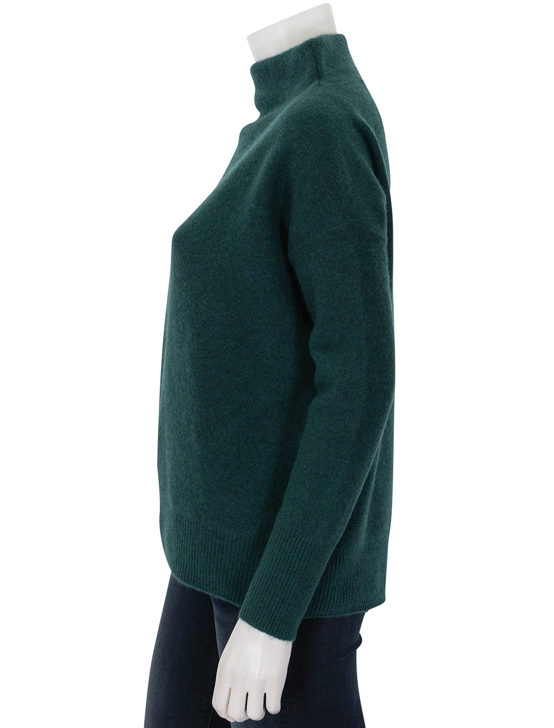 Side view of Vince's boiled funnel neck pullover in heather jade.