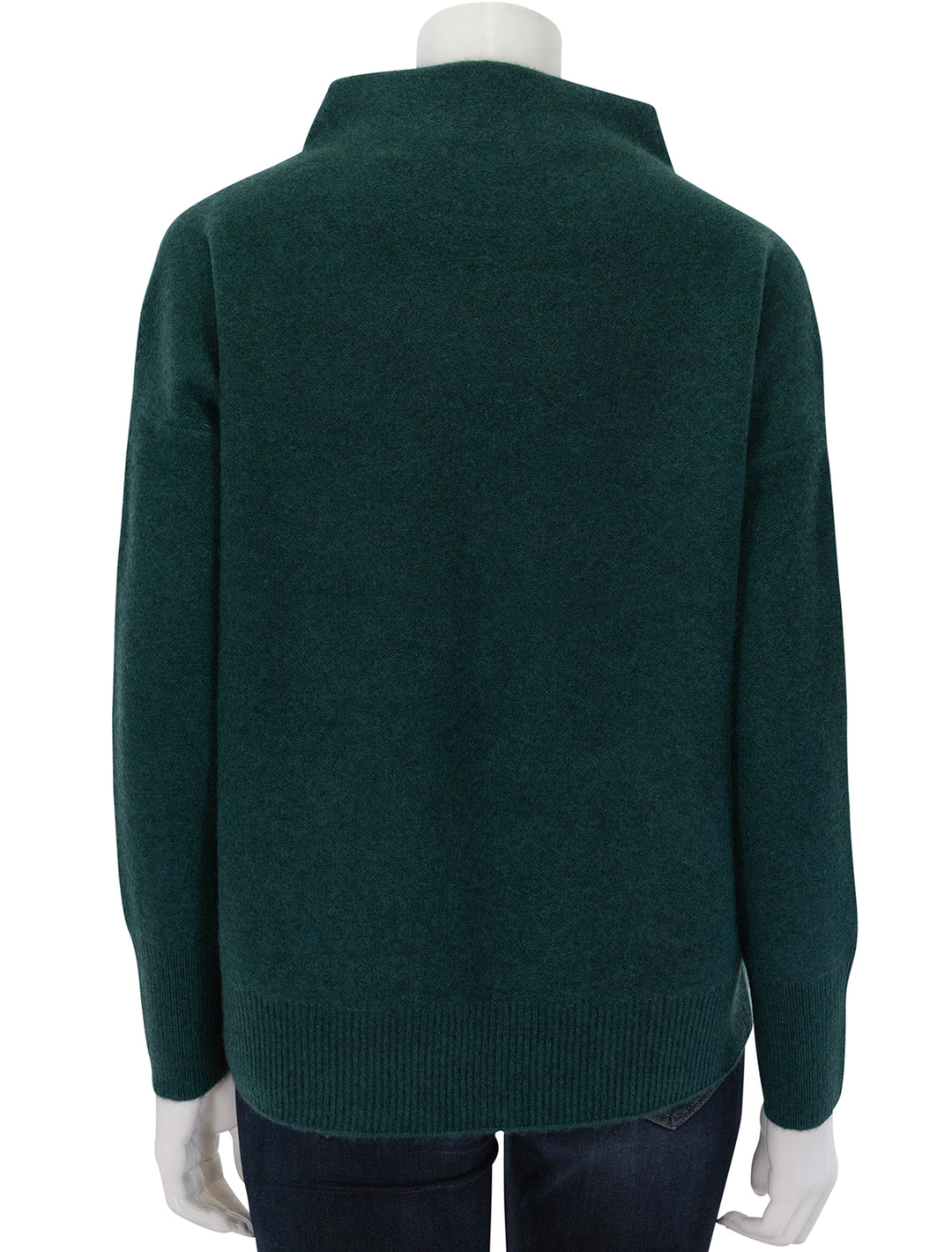 Back view of Vince's boiled funnel neck pullover in heather jade.