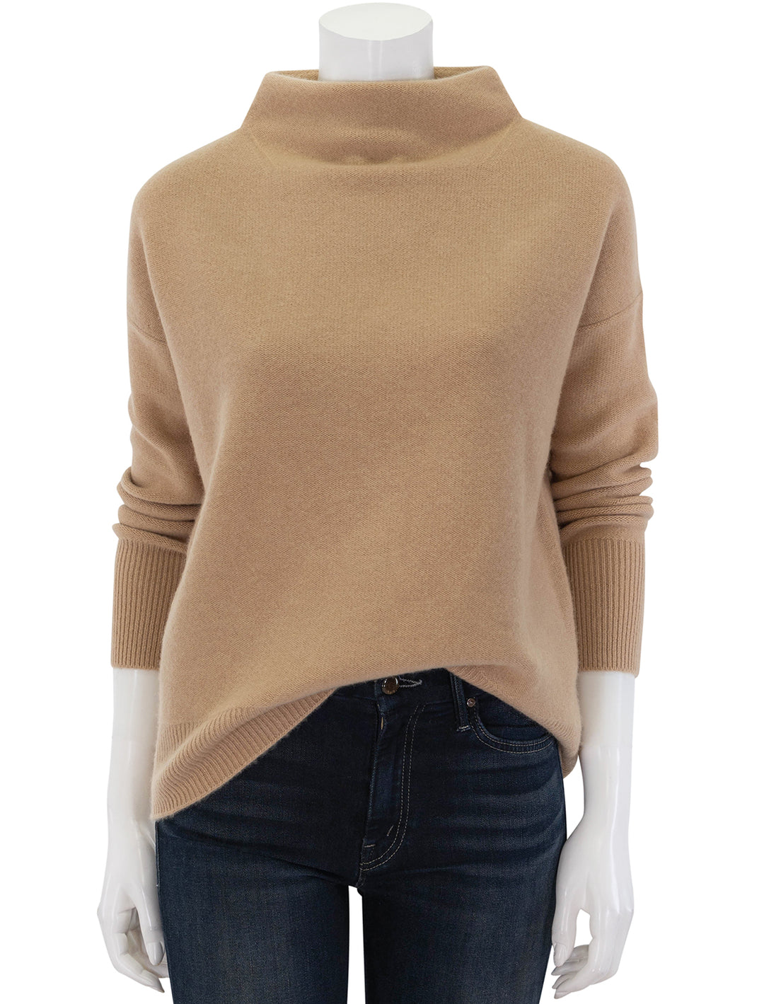 Front view of Vince's boiled funnel neck pullover in camel.