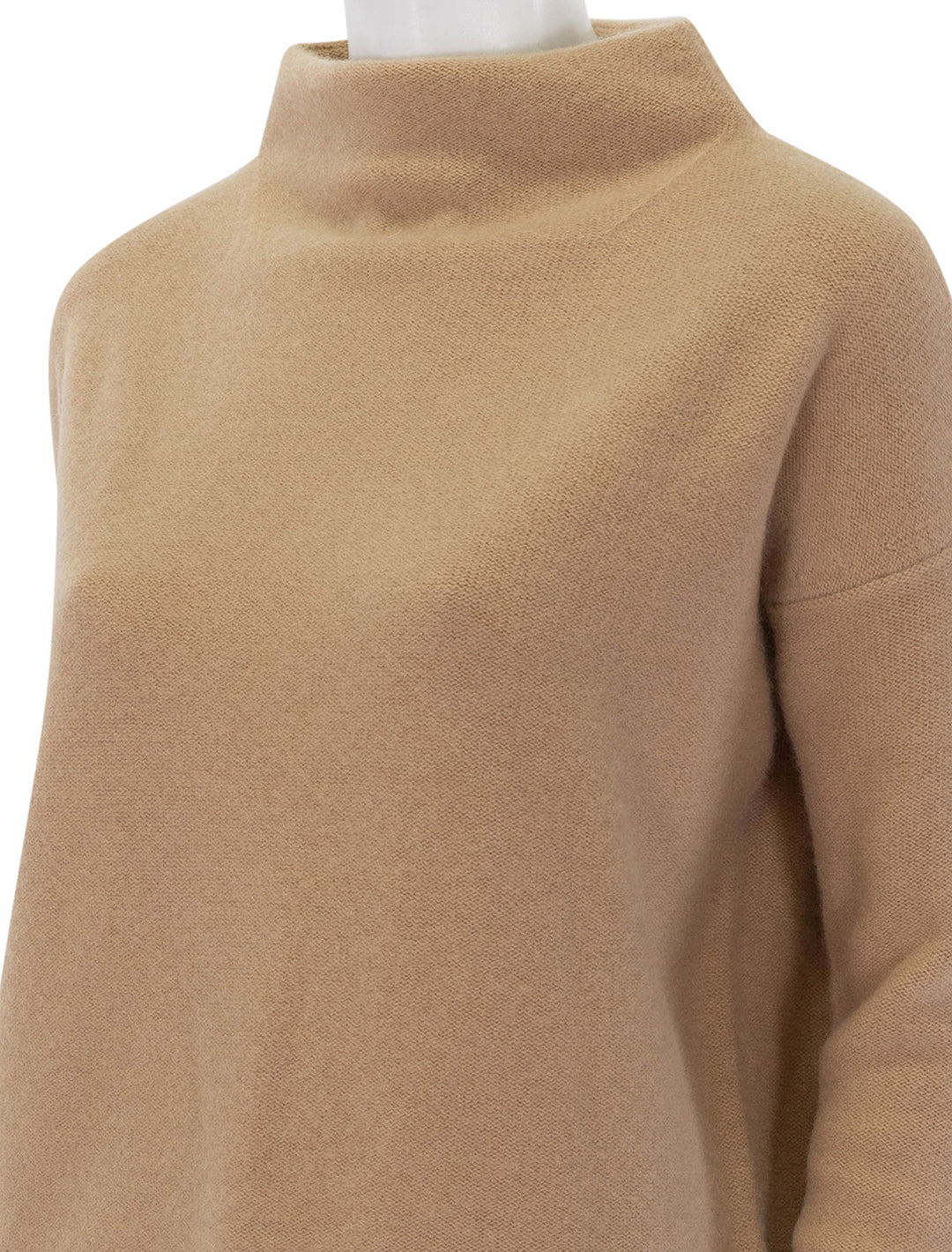 Close-up view of Vince's boiled funnel neck pullover in camel.