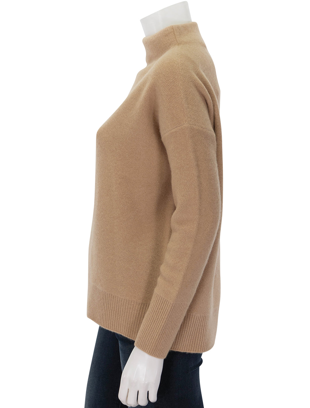 Side view of Vince's boiled funnel neck pullover in camel.