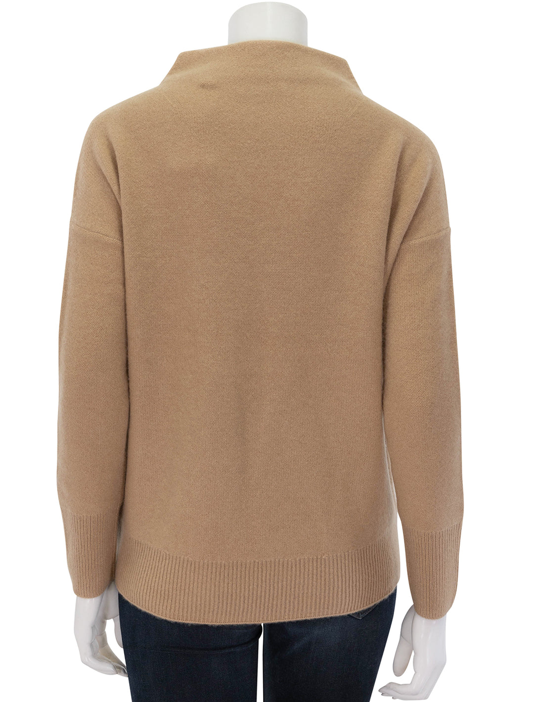 Back view of Vince's boiled funnel neck pullover in camel.