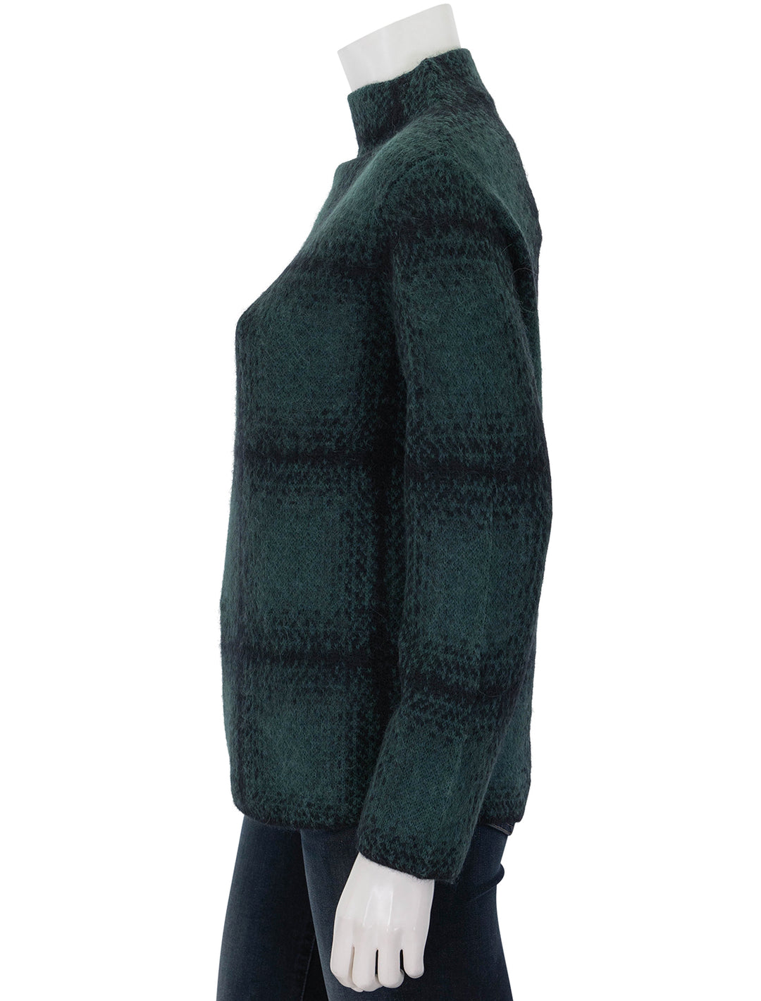 Side view of Vince's shadow plaid funnel neck pullover in juniper.