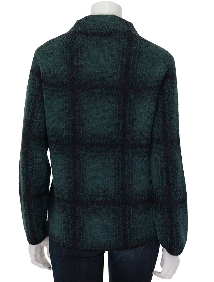 Back view of Vince's shadow plaid funnel neck pullover in juniper.