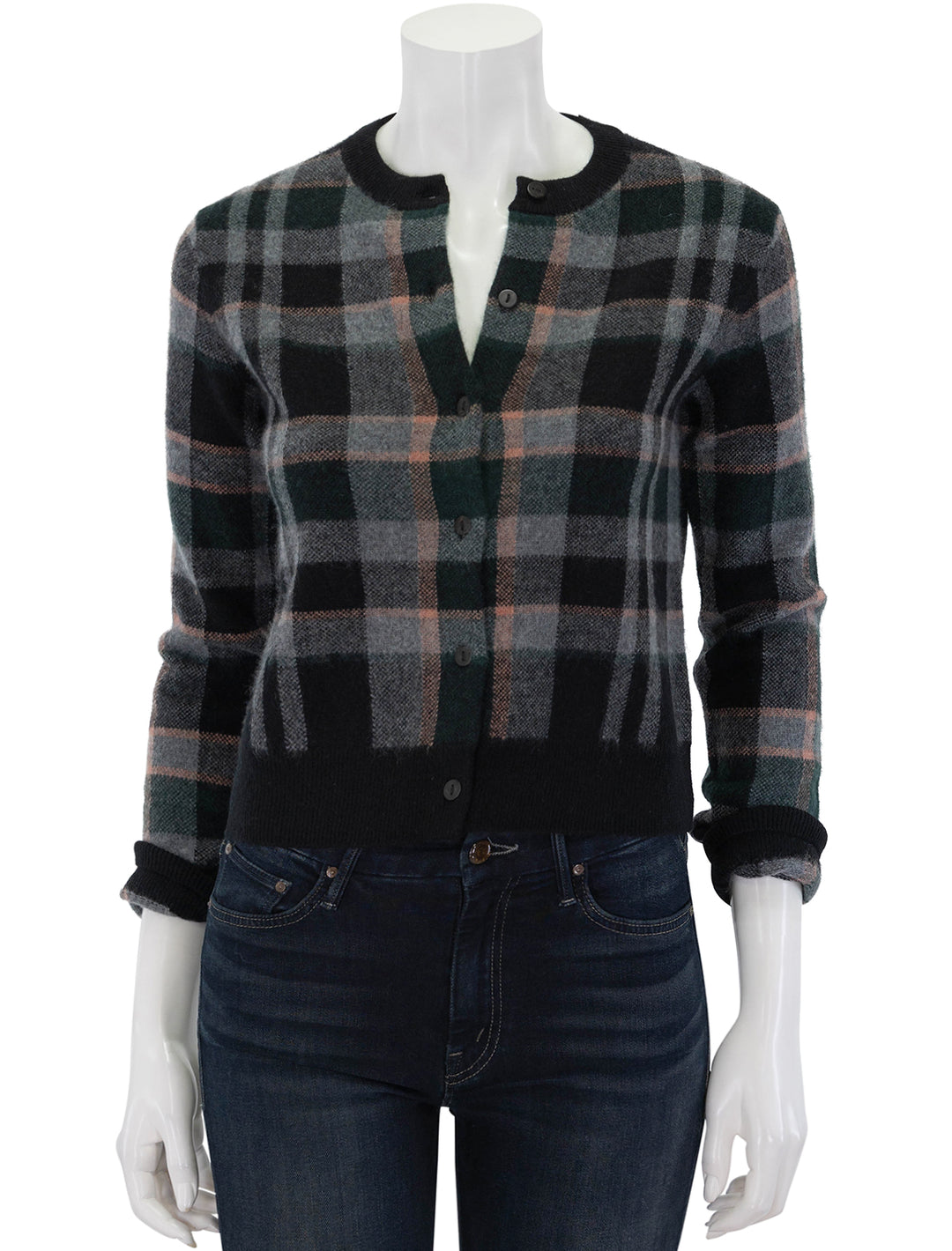 Front view of Vince's plaid cardigan.