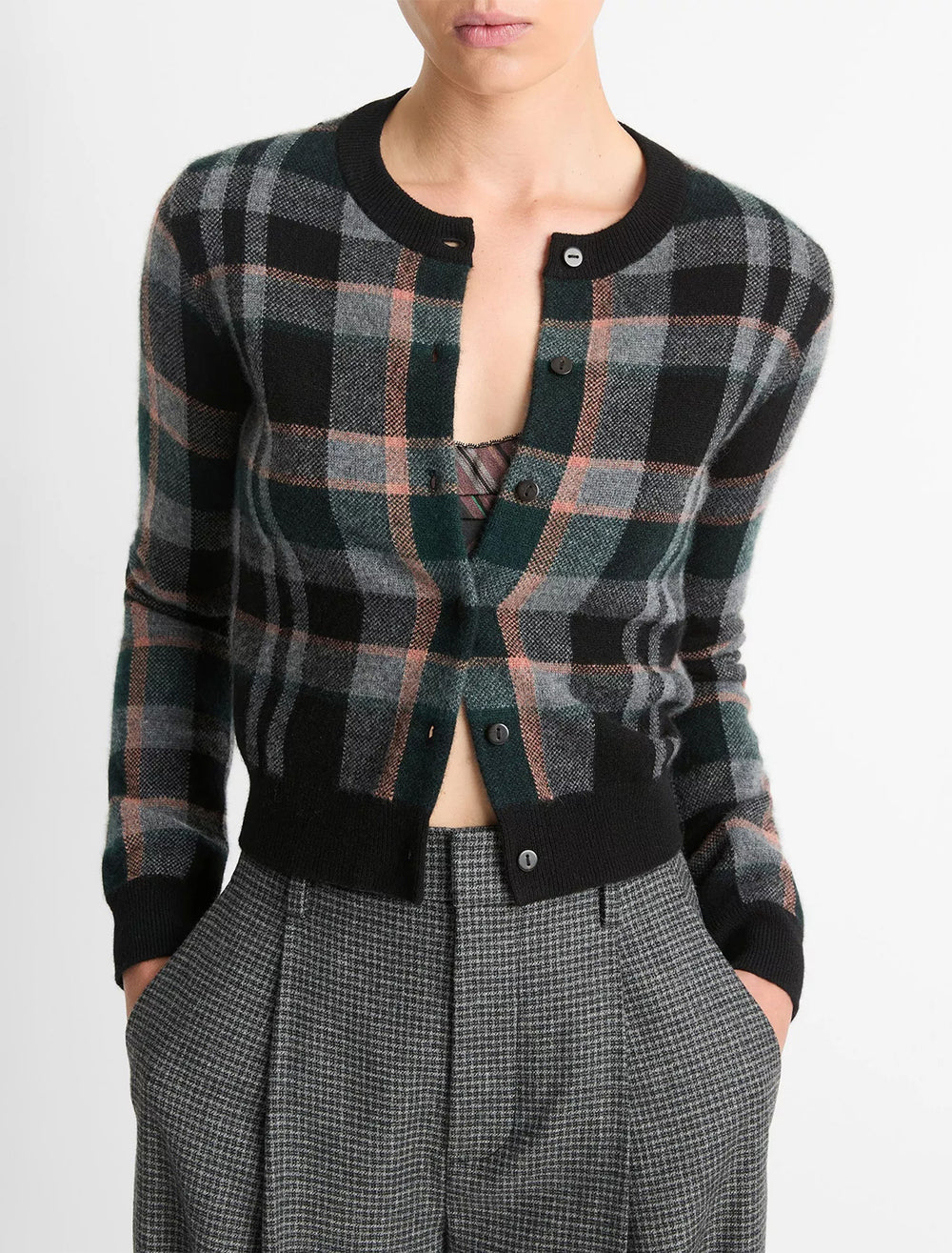 Model wearing Vince's plaid cardigan.