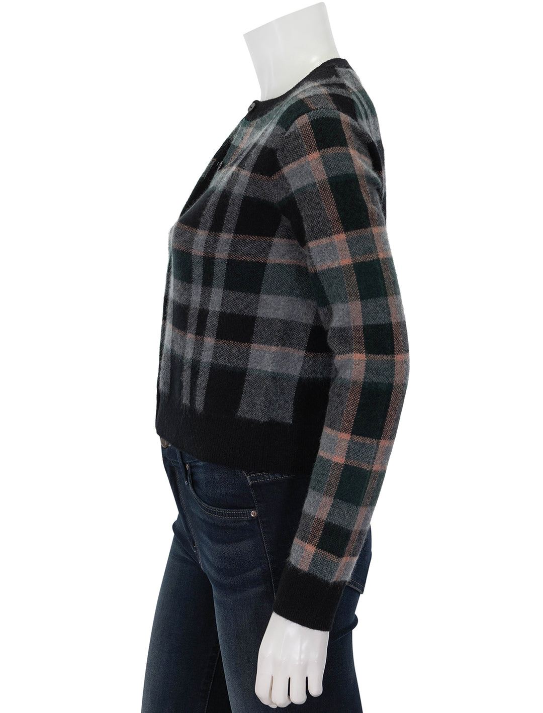 Side view of Vince's plaid cardigan.