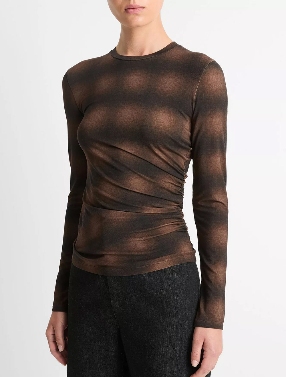 Model wearing Vince's side drape long sleeve crew in deep walnut combo.