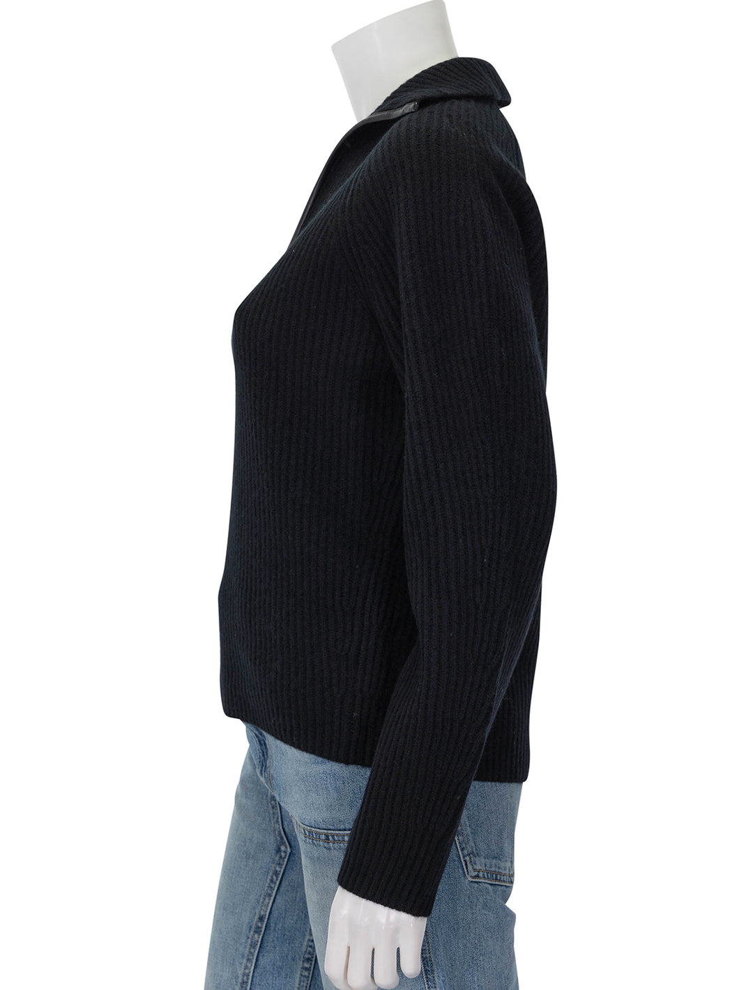 Side view of Vince's leather trim ribbed polo pullover in black.