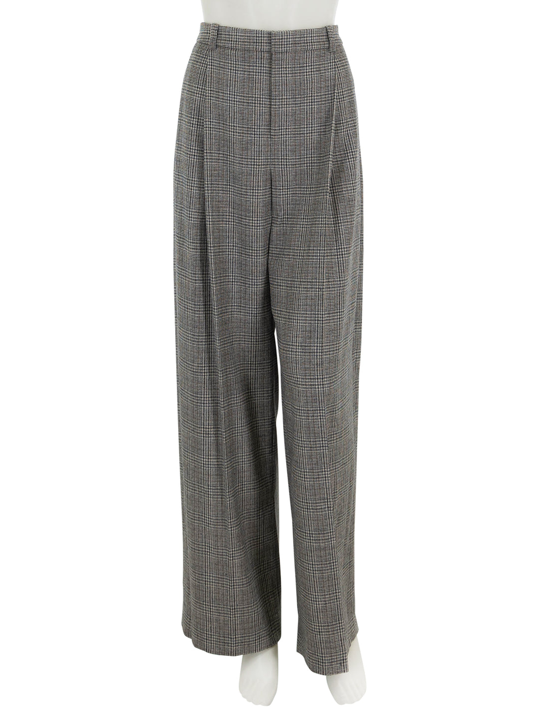 Front view of Vince's high rise wool blend plaid trouser in heritage plaid.