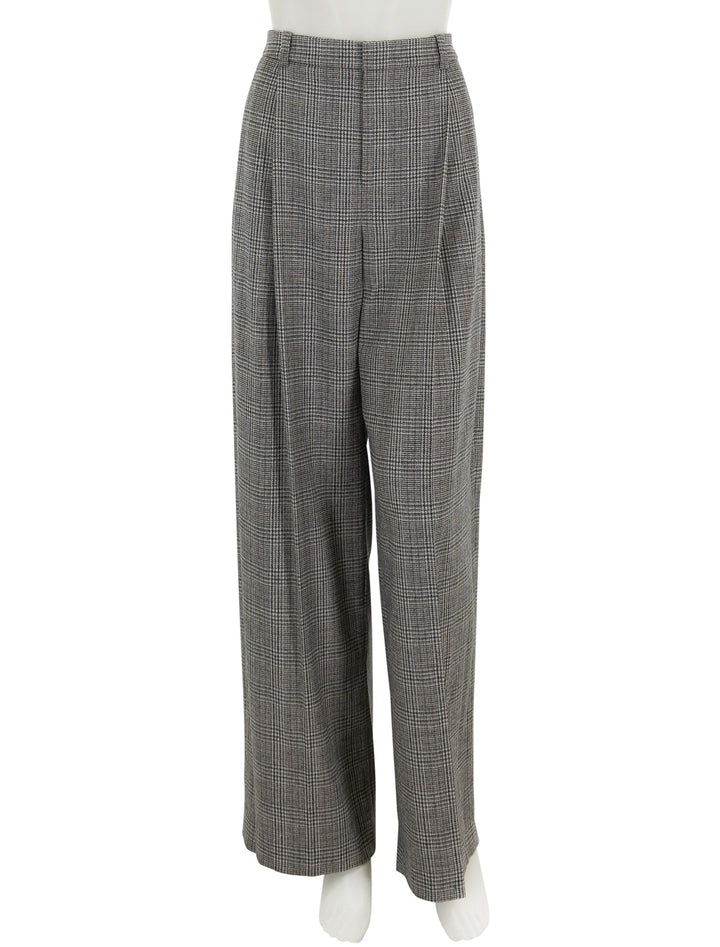 Front view of Vince's high rise wool blend plaid trouser in heritage plaid.