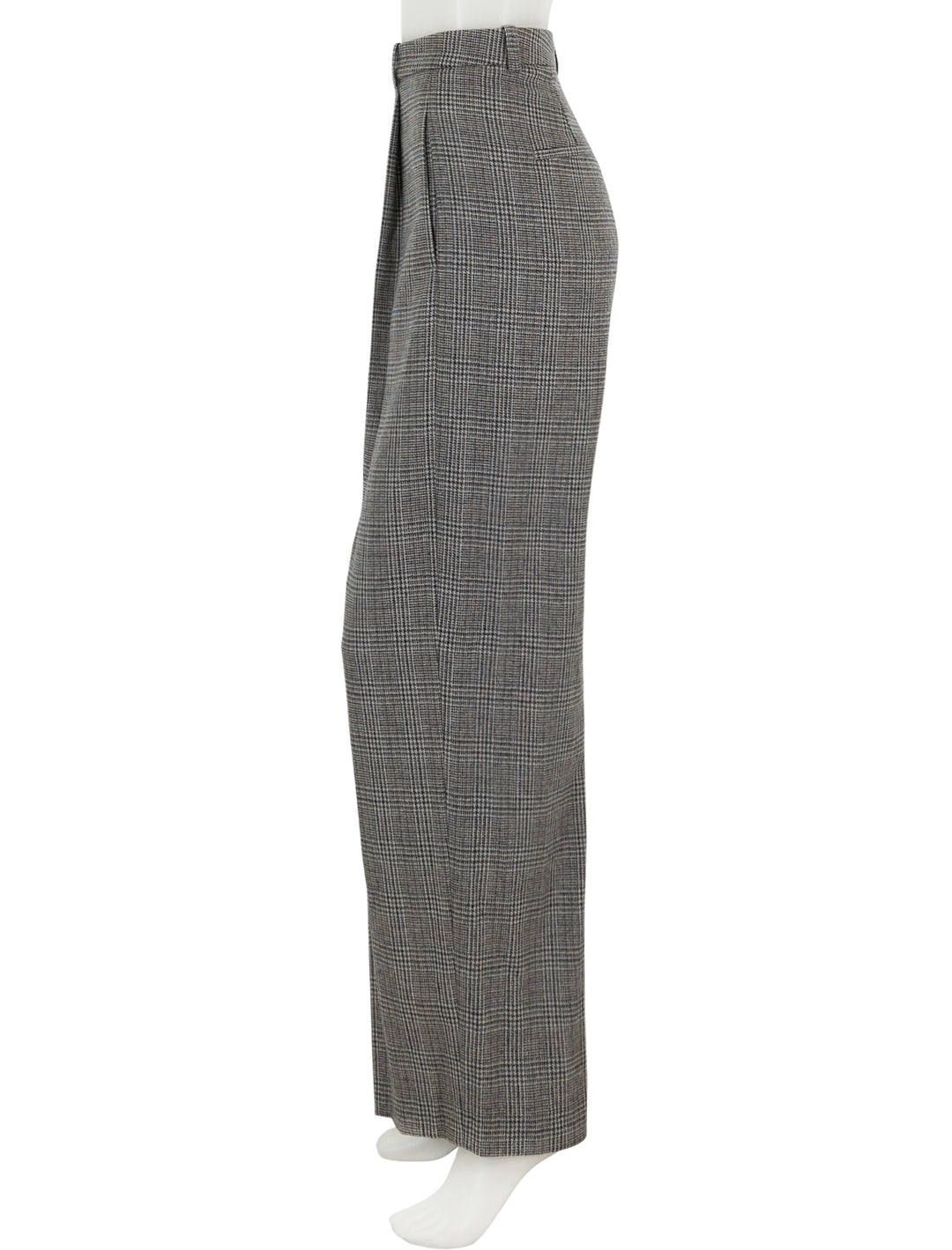 Side view of Vince's high rise wool blend plaid trouser in heritage plaid.