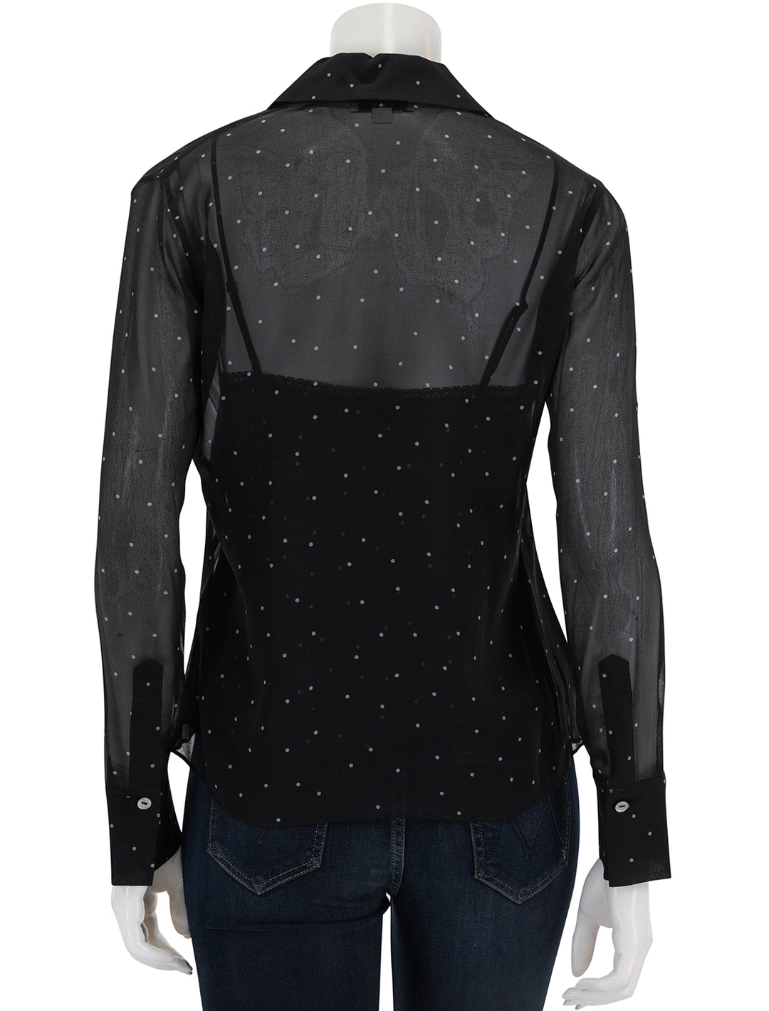 Back view of Vince's sheer dot blouse with lace trim cami in black