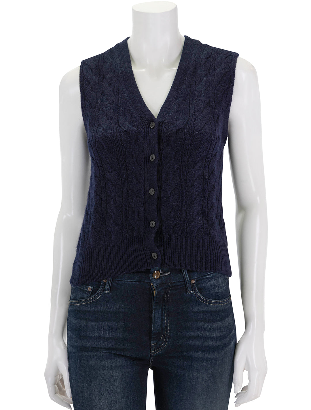 Front view of Vince's cable button vest in coastal.