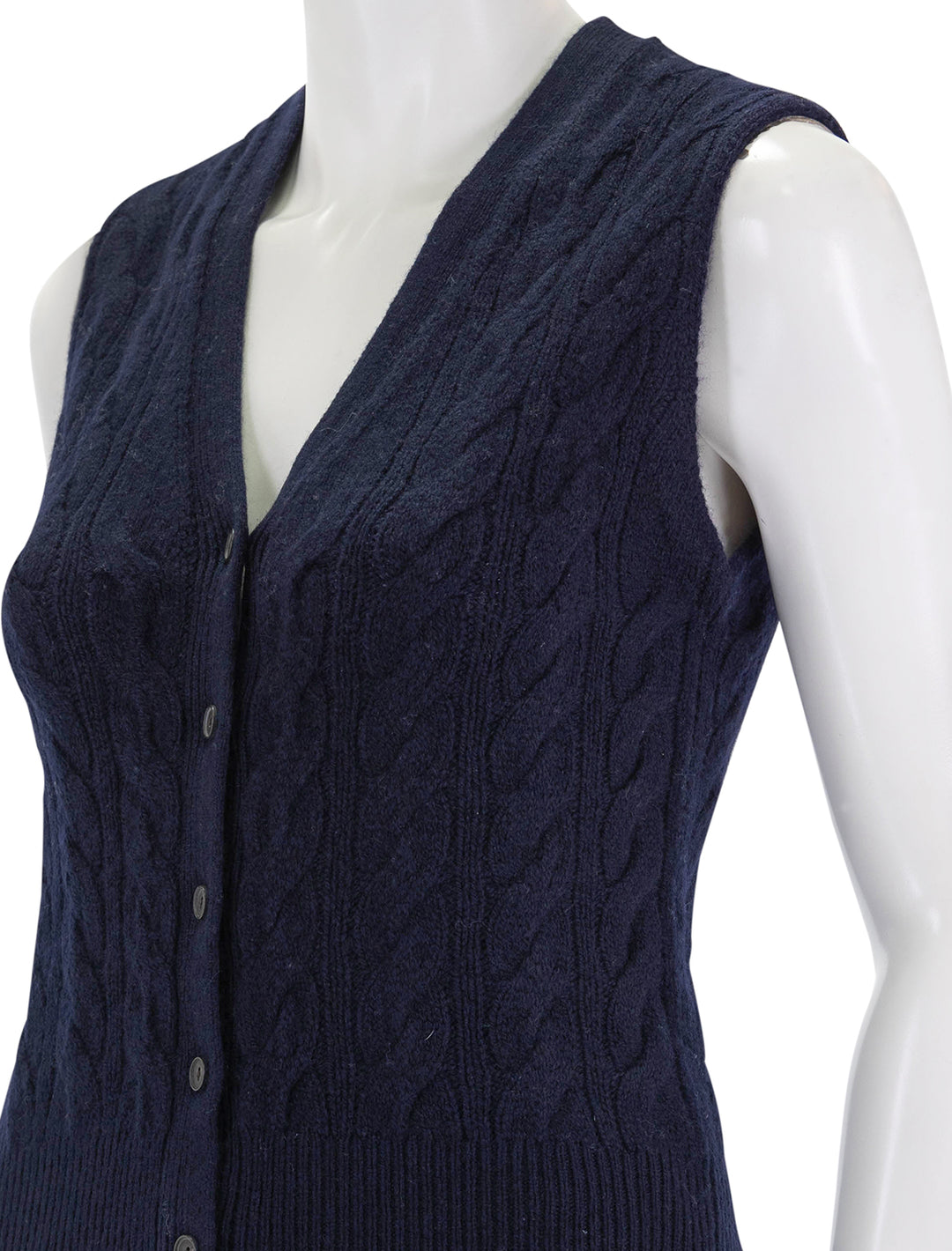 Close-up view of Vince's cable button vest in coastal.