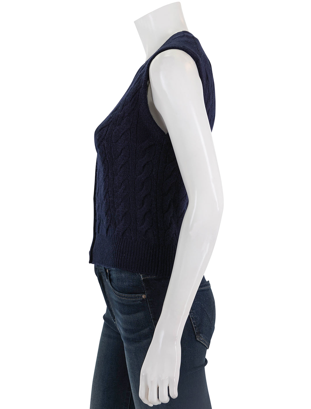 Side view of Vince's cable button vest in coastal.