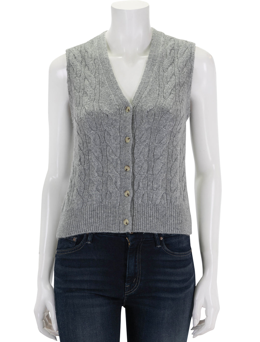 Front view of Vince's cable button vest in heather silver dust.