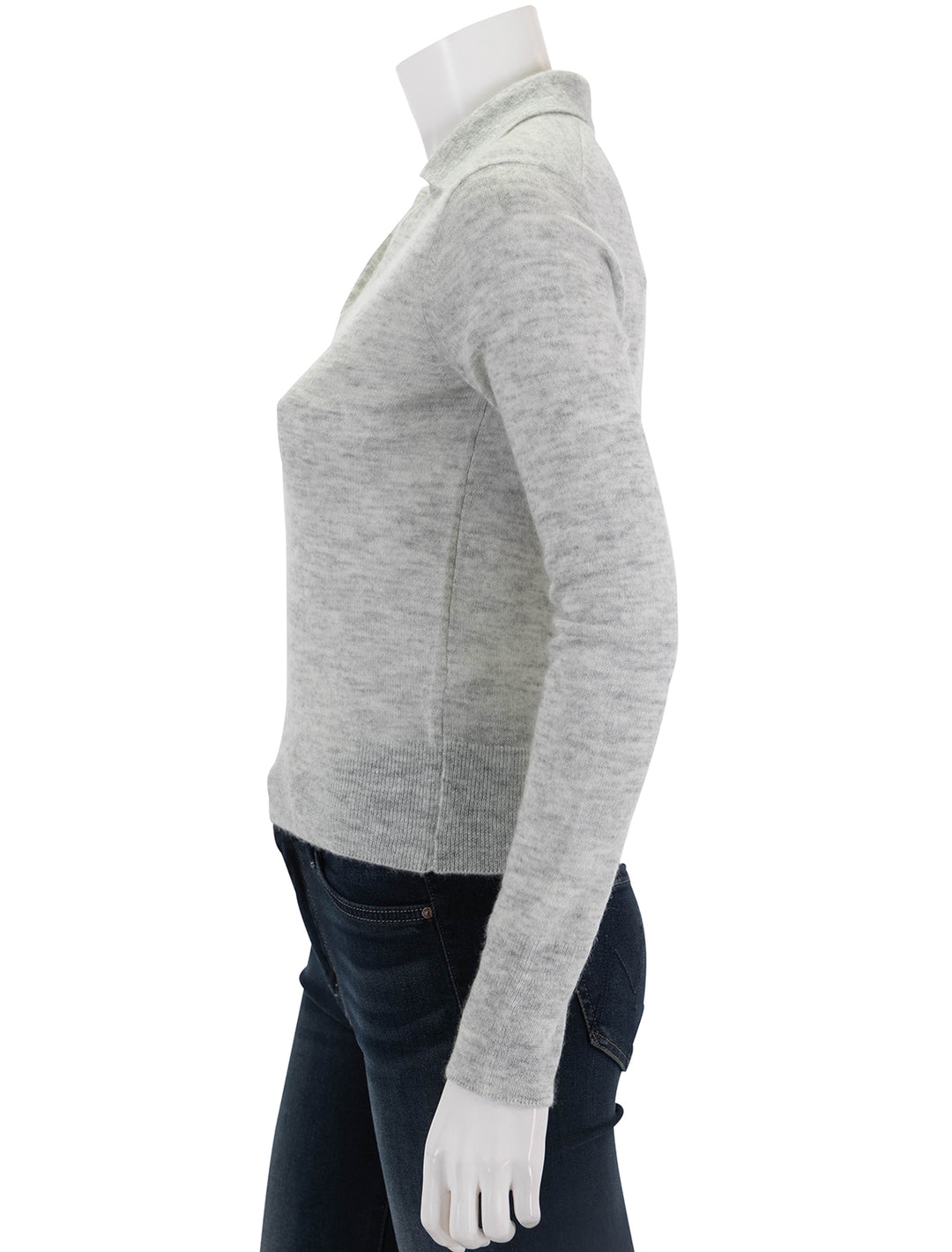 Side view of Vince's silk blend collar crew neck in mist grey.