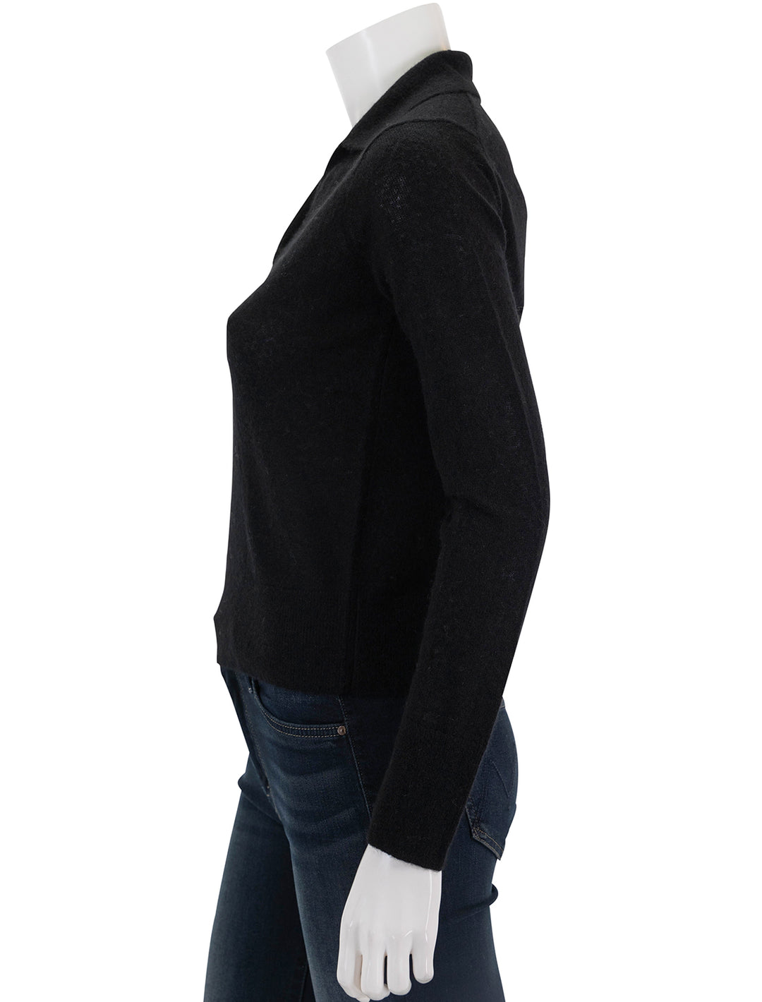 Side view of Vince's silk blend collar crew neck pullover in black.