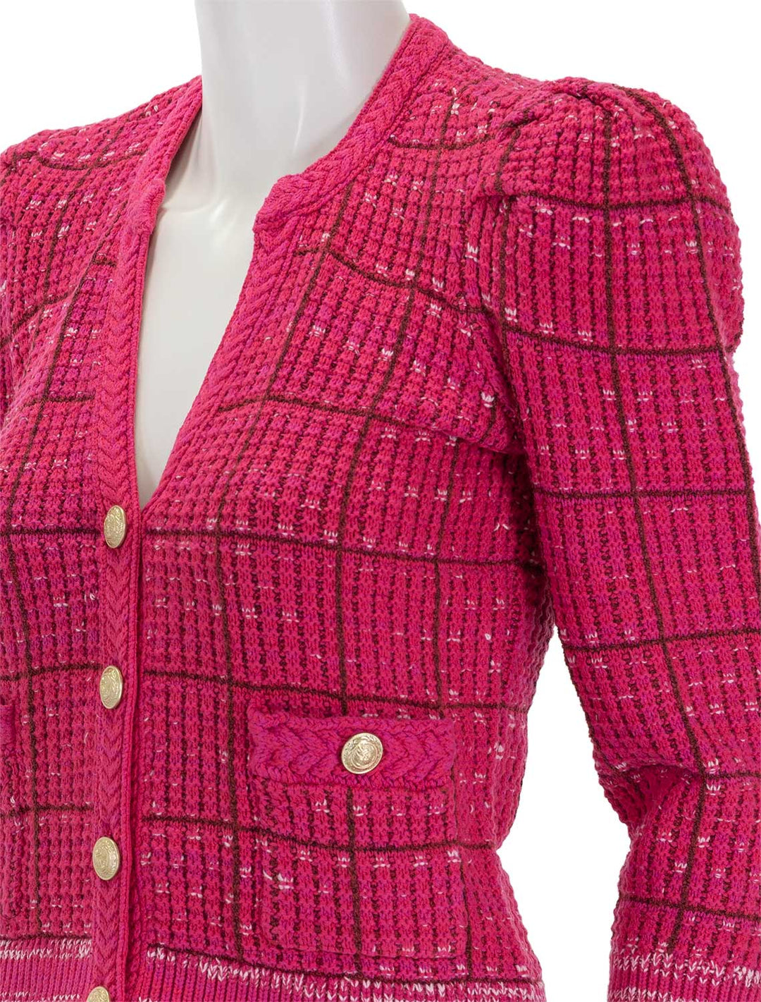 close up view of jenni cardigan in pink multi