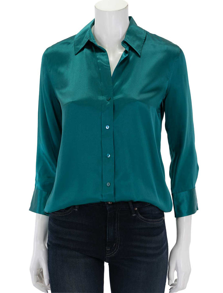 Front view of L'Agence's dani blouse in ocean teal.