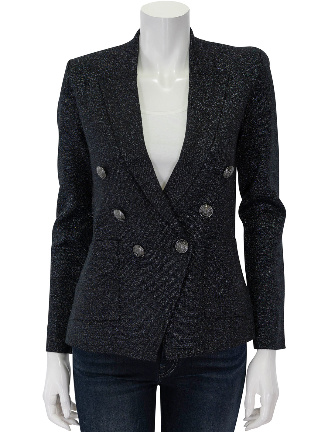 Front view of L'agence's kenzie metallic knit blazer in black gunmetal, buttoned.