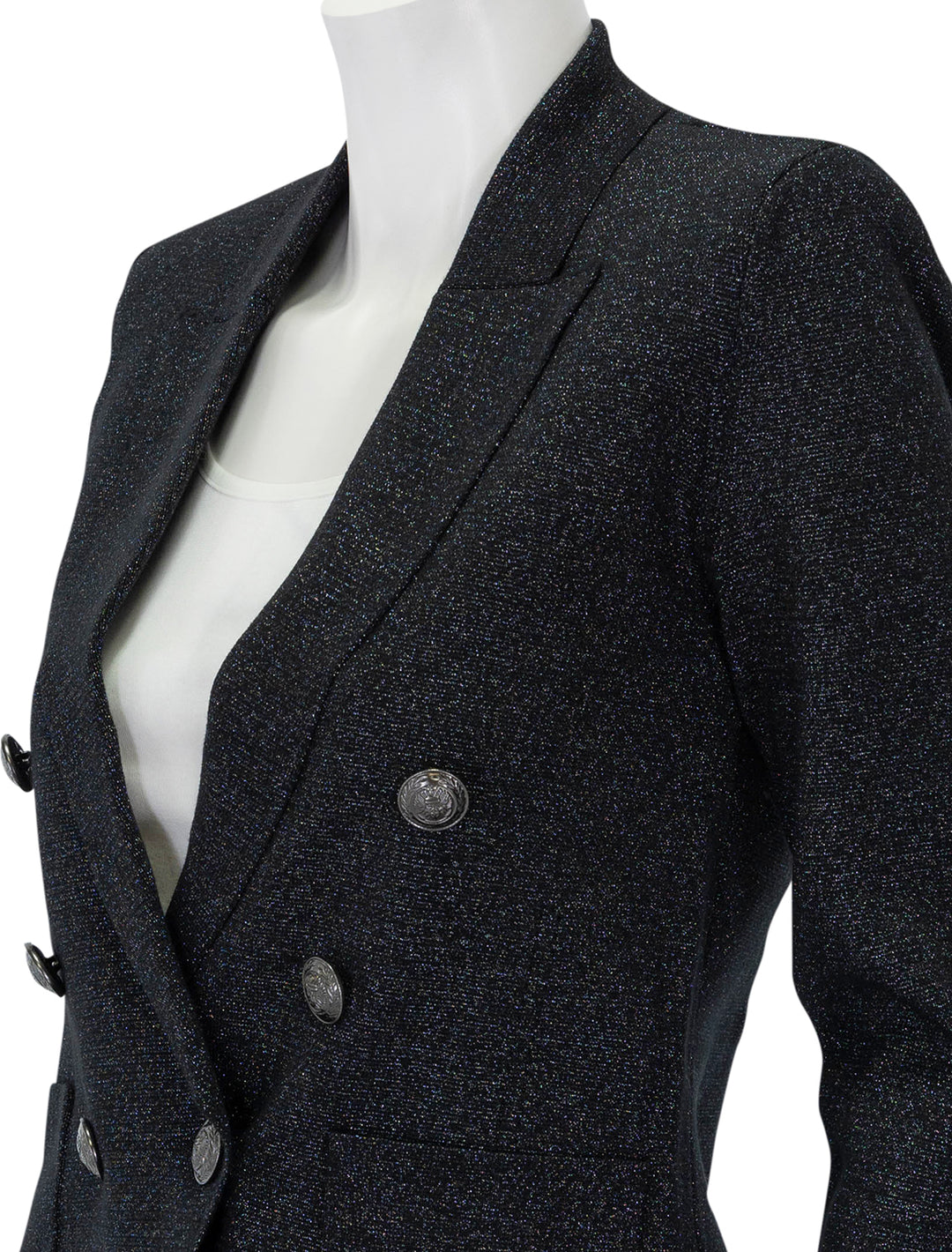 Close-up view of L'agence's kenzie metallic knit blazer in black gunmetal.