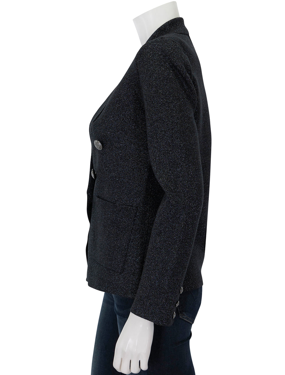 Side view of L'agence's kenzie metallic knit blazer in black gunmetal.