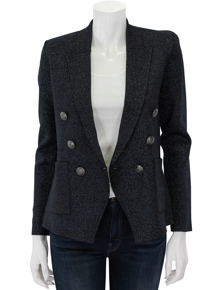 Front view of L'agence's kenzie metallic knit blazer in black gunmetal, unbuttoned.