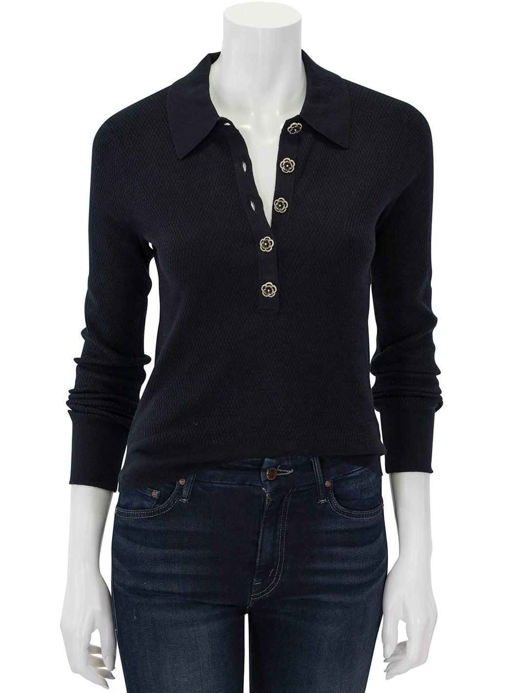 Front view of L'agence's sterling jewel button sweater in black.