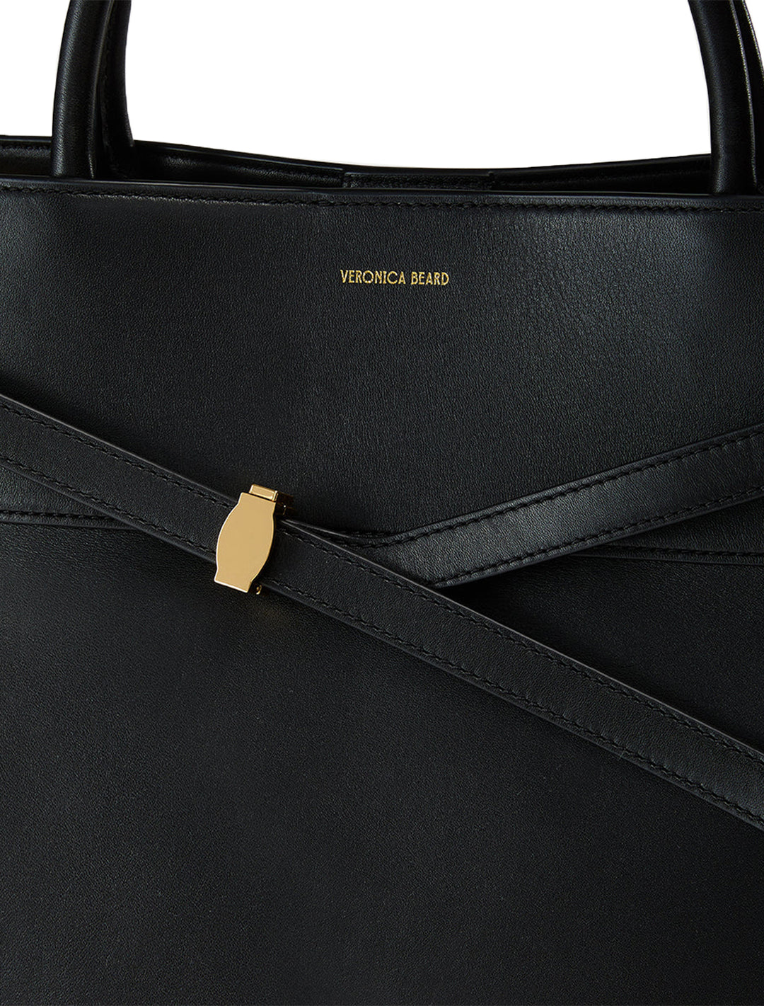 Close-up view of Veronica Beard's the work tote large in black.