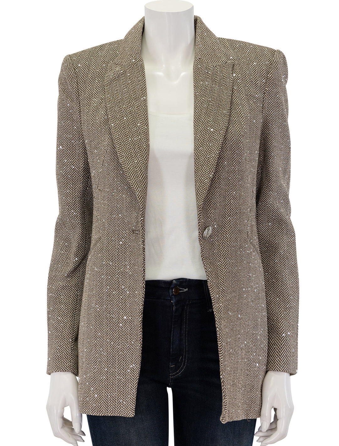 Front view of L'agence's sheila structured blazer in olive and ecru chevron, unbuttoned.