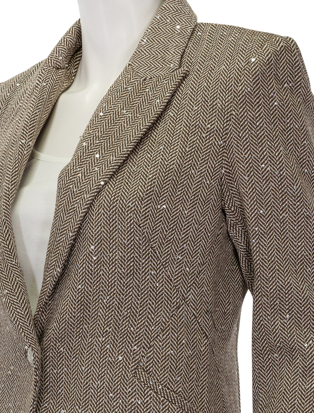 Close-up view of L'agence's sheila structured blazer in olive and ecru chevron.