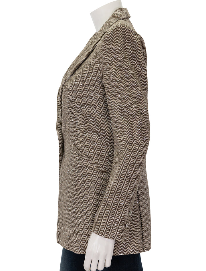 Side view of L'agence's sheila structured blazer in olive and ecru chevron.