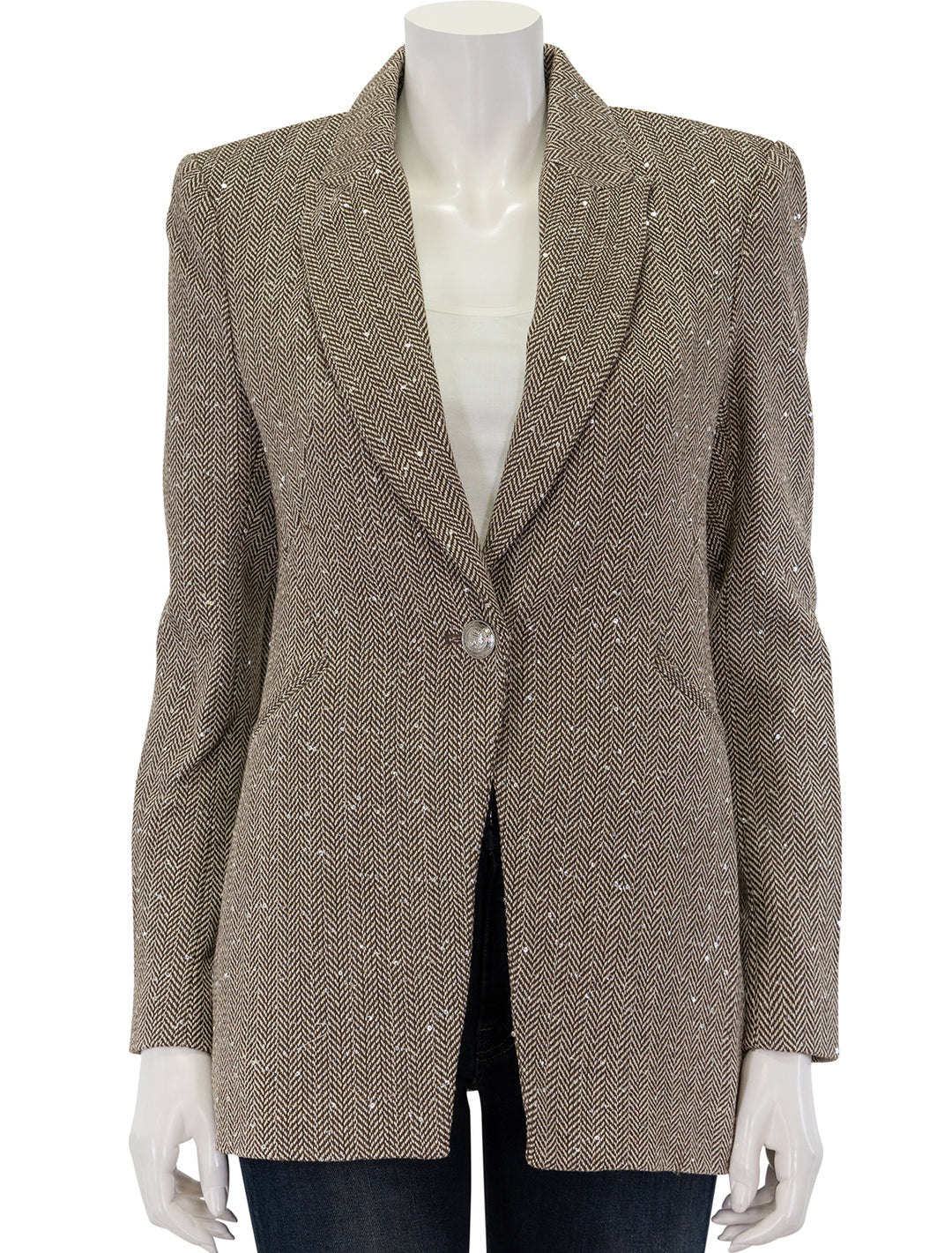 Front view of L'agence's sheila structured blazer in olive and ecru chevron, buttoned.