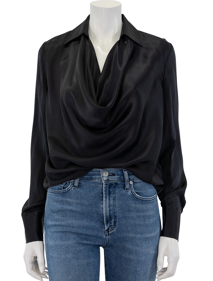 Front view of L'agence's lotus cowlneck blouse in black.