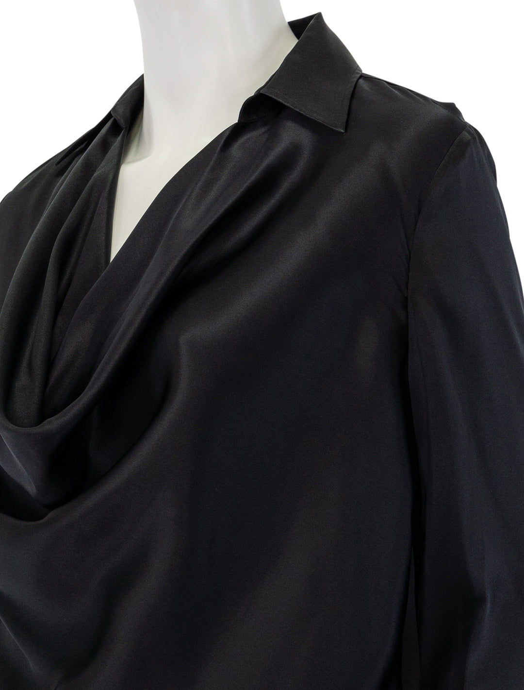 Close-up view of L'agence's lotus cowlneck blouse in black.