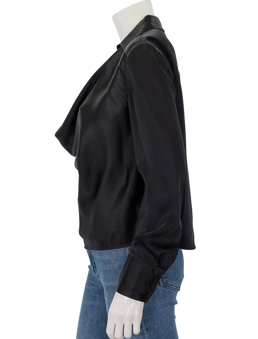 Side view of L'agence's lotus cowlneck blouse in black.