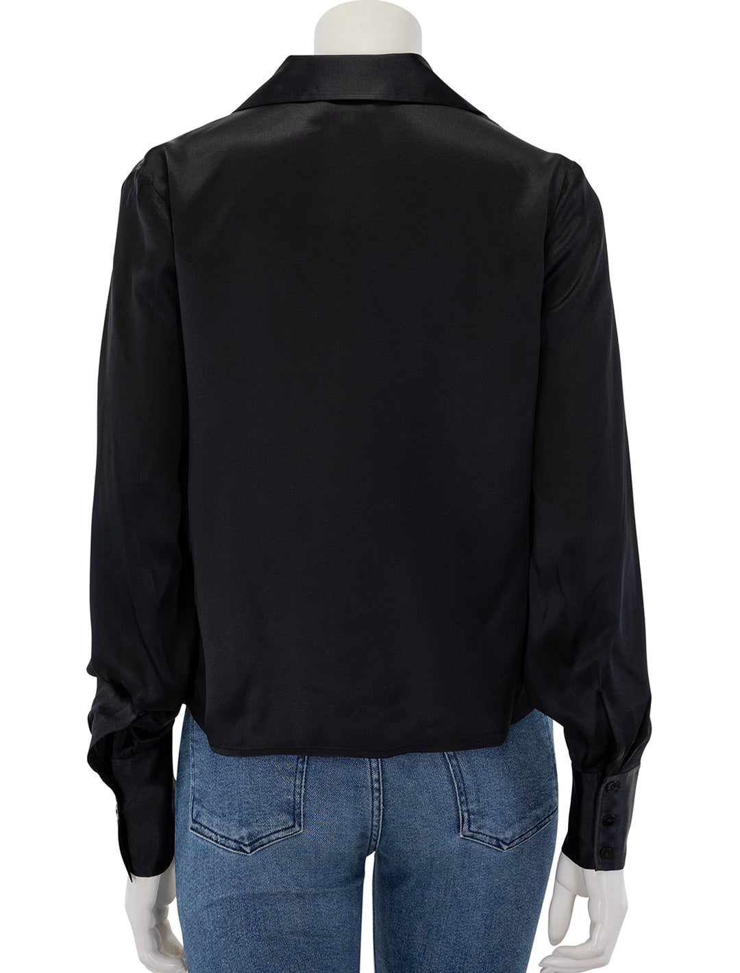 Back view of L'agence's lotus cowlneck blouse in black.